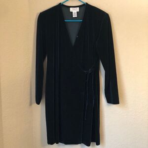 Talbots Petites Womens Wrap Dress Size 8P Green Velvet Long Sleeve Moody Goth